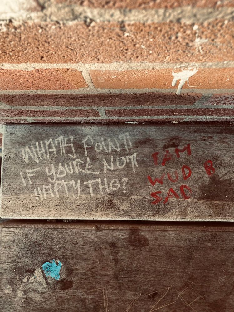Graffiti on a wooden bench that read’s, “WHATS POINT IF YOURE NOT HAPPY THO?, FAM WUD B SAD”.