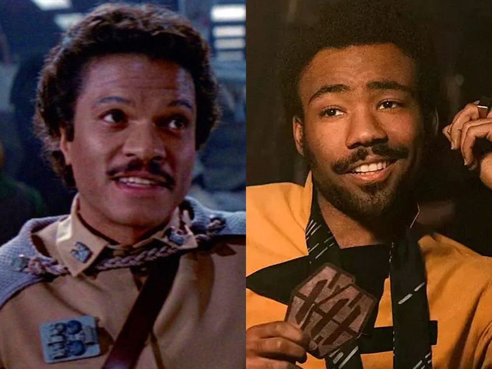 A side by side image of Billy Dee Williams as Lando Calrissian in the original Star Wars trilogy, and Donald Glover as Lando in the Solo movie. 