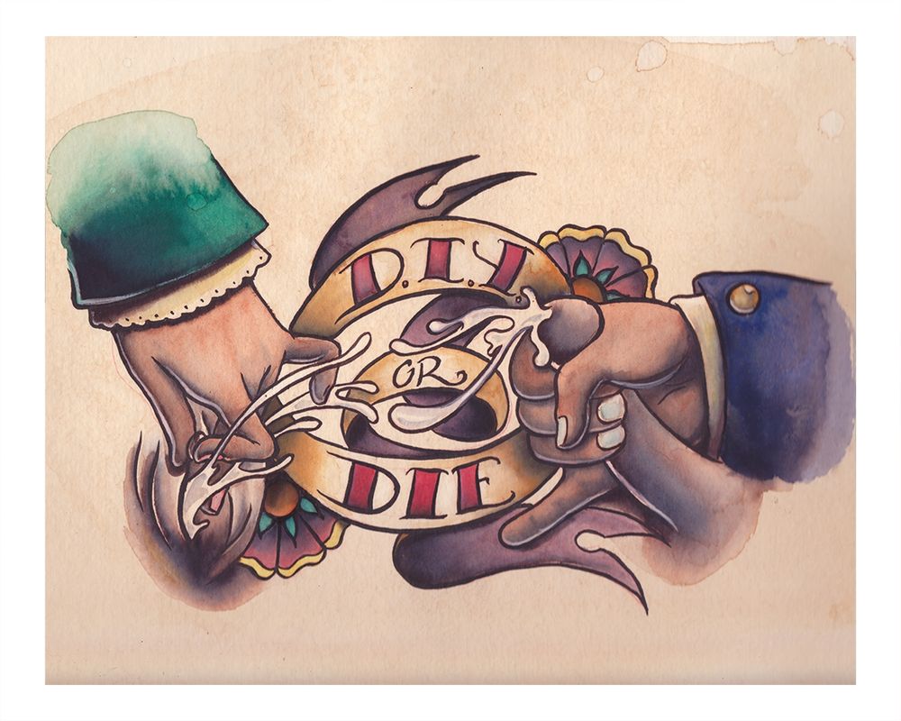A watercolor illustration in the style of old school tattoo flash art. On the left side, a disembodied hand plays with a vulva, on the right, another hand is wrapped around a penis. Both sets of genitals have stylized cum shooting from them, towards a ribbon banner in the middle that says D.I.Y. Or DIE.