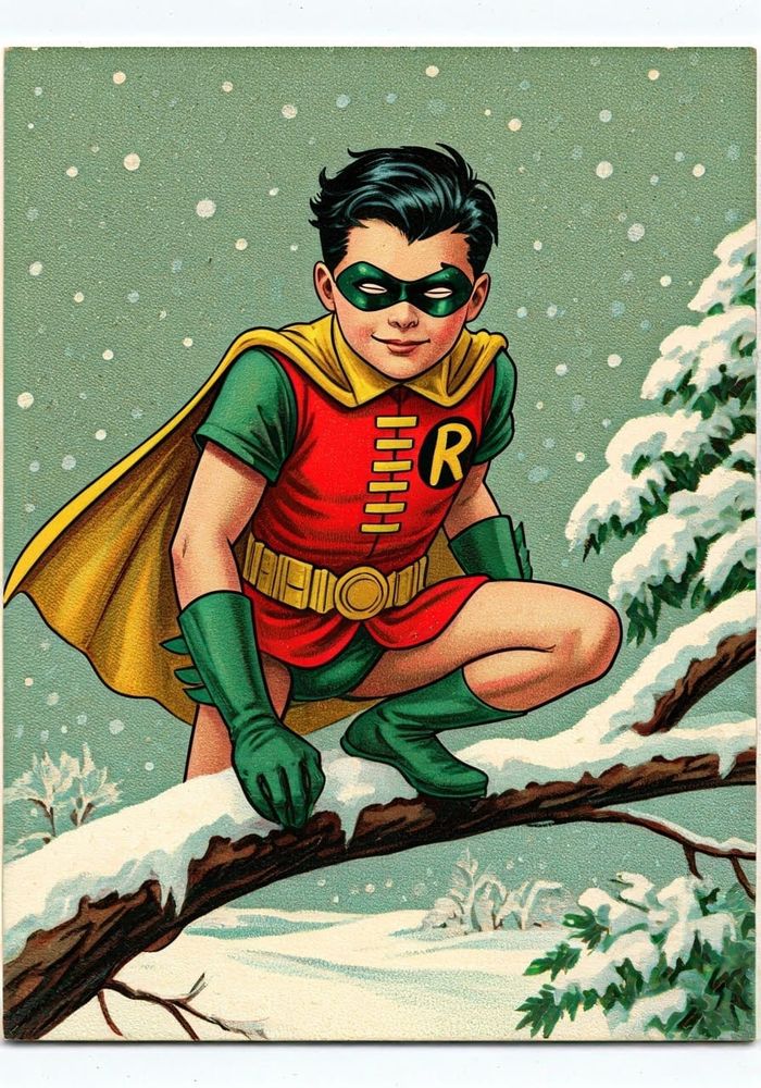 Darked haired boy with mask, cape and other super-hero accoutrements perched on a branch above a snow-covered landscape.