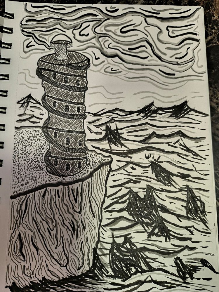 A drawing of a tower on a seaside cliff, pen and paper