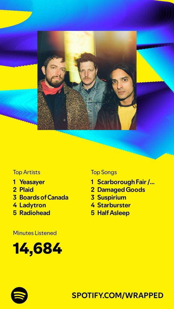 My Spotify wrapped thing for this year. Top artist Yeasayer, top song is Scarborough Fair by Simon and Garfunkel.
