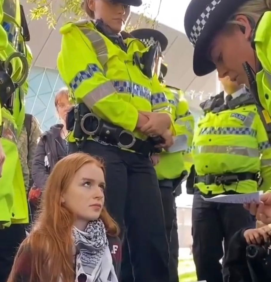 Photo of a young girl protesting against genocide, surrounded by police. She is looking up as a police officer reading her rights. The young girl is infinitely braver than myself and has my full respect.
