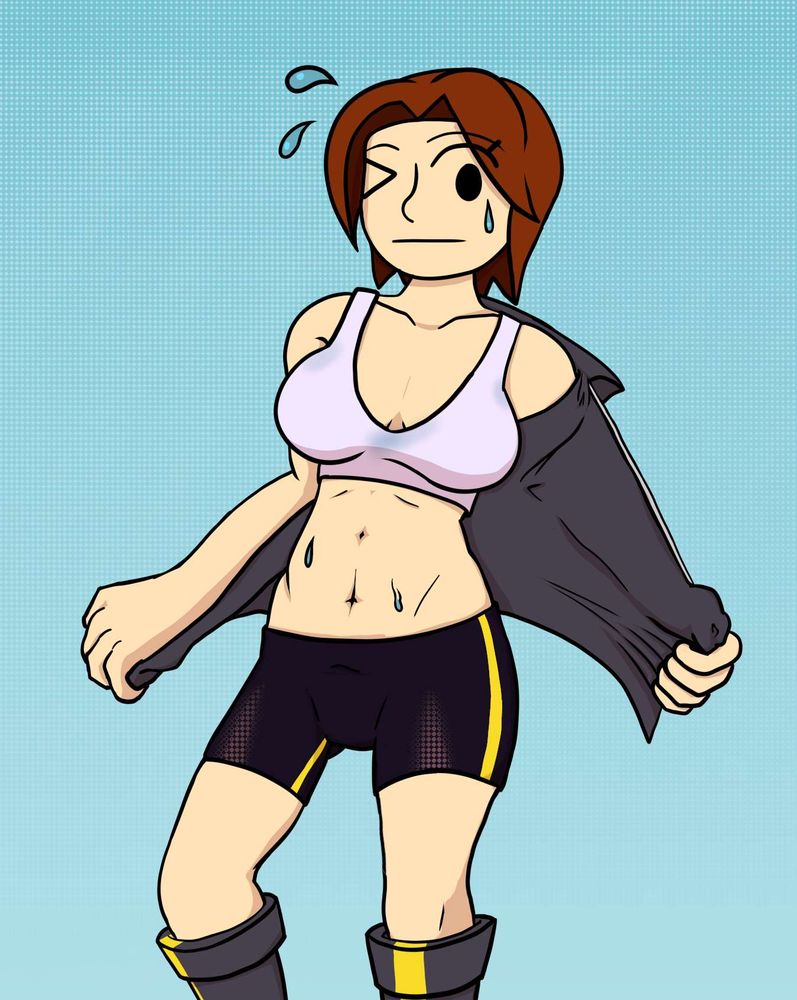 A thigh-up view of Mii Gunner in a sweaty tank top, striped spats, boots, and a jacket she is taking off; all in a light-blue background with dark-to-light dots from top to bottom. She either just got done with exercise, or she's in a hot room, and she is slightly expressing that with one eye closed.