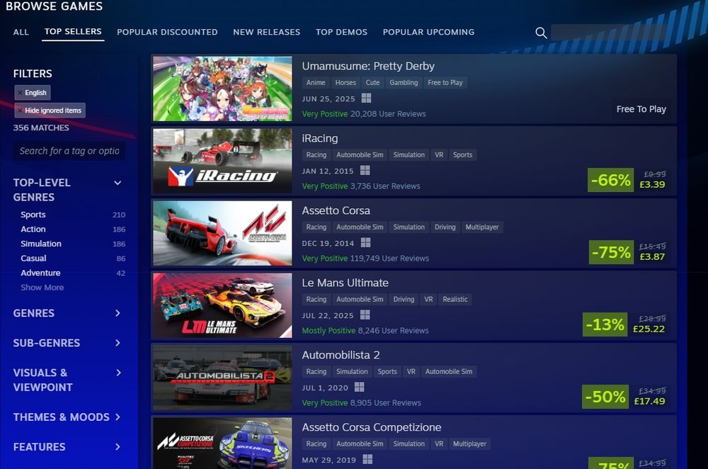Popular Sim racing games on Steam including, bottom to top, Assetto Corsa Competizione, Automobilista 2, Le Mans Ultimate, Assetto Corsa, iRacing and Umamusume: Pretty Derby