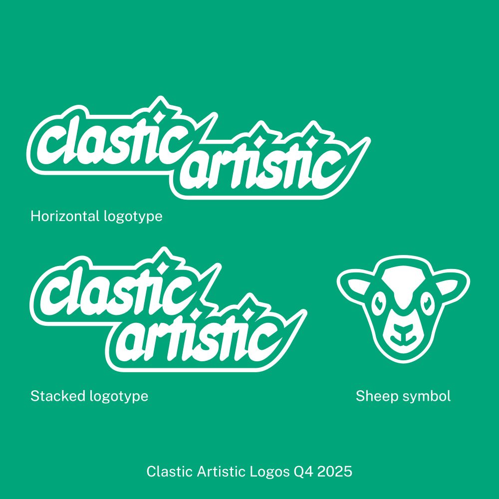 (Updated version with white graphics and green background) Top: Horizontal logotype, Bottom left: Stacked logotype, Bottom right: Sheep symbol, Caption: Clastic Artistic Logos Q4 2025