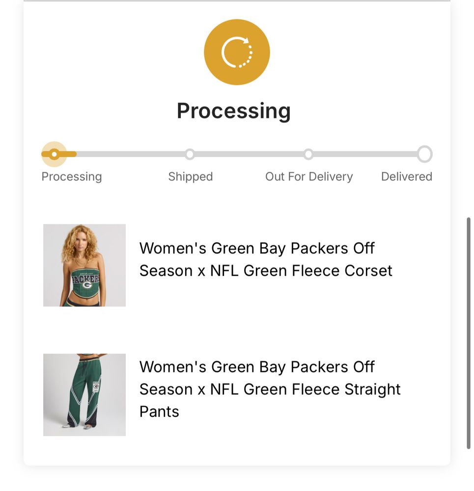 order confirmation from Off Season Brand x NFL Shop for Green Bat Packers Corset and Fleece Sweatpants