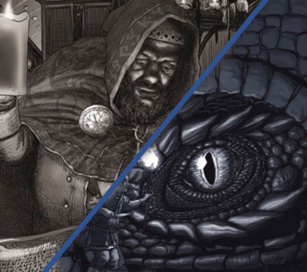 A magician and a dragon’s eye, from the covers of the Torchbearer RPG’s core books The Dungeoneer’s Handbook and The Scholar’s Guide. 