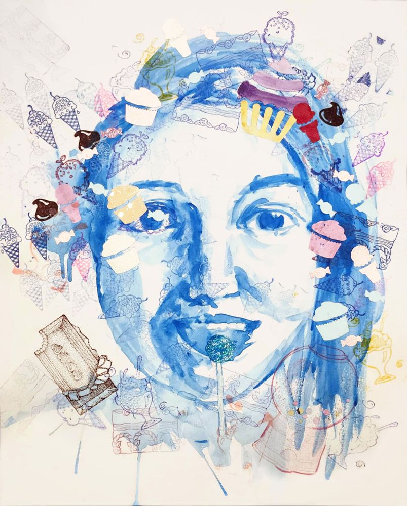 Blue watercolor portrait surrounded by candy and sweets made from stamps, cut outs, and glitter paint.