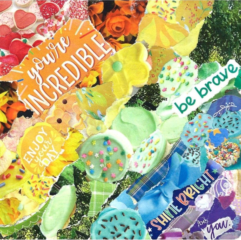 Rainbow collage featuring baked goods and words of encouragement.