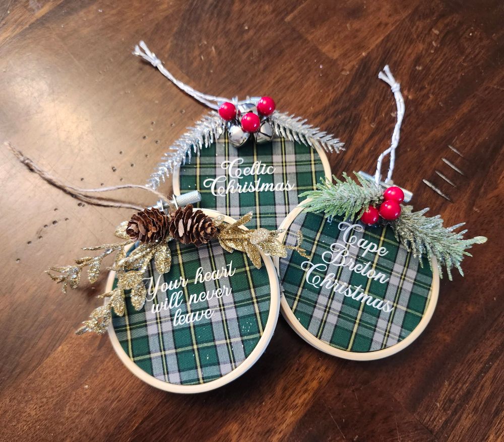Three Christmas ornaments on a table