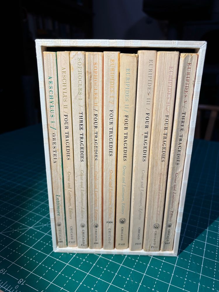 Handmade slipcase for the 9-volume set of the University of Chicago edition of the Greek tragedies (front view). 