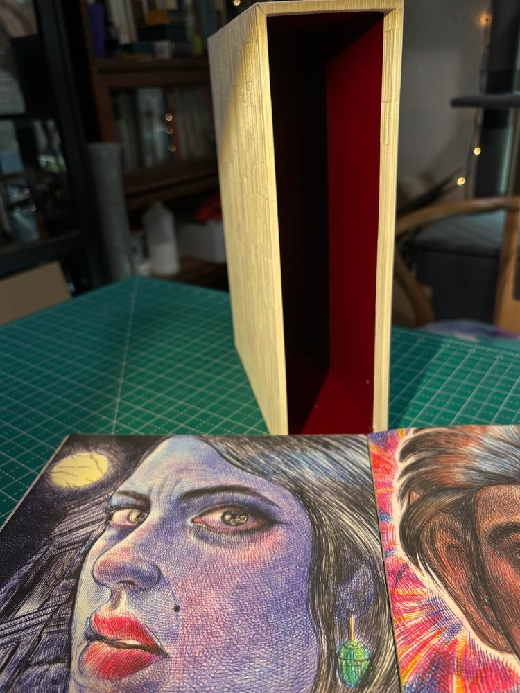 My Favorite Thing Is Monsters Books 1 & 2 by Emil Ferris, with custom slipcase by Six-Song Playlists. View of slipcase interior. 