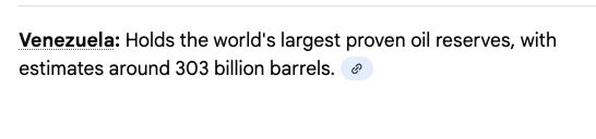 screenshot of a google search says venezuela holds the world's largest proven oil reserves, with estimates around 303 billion barrels.