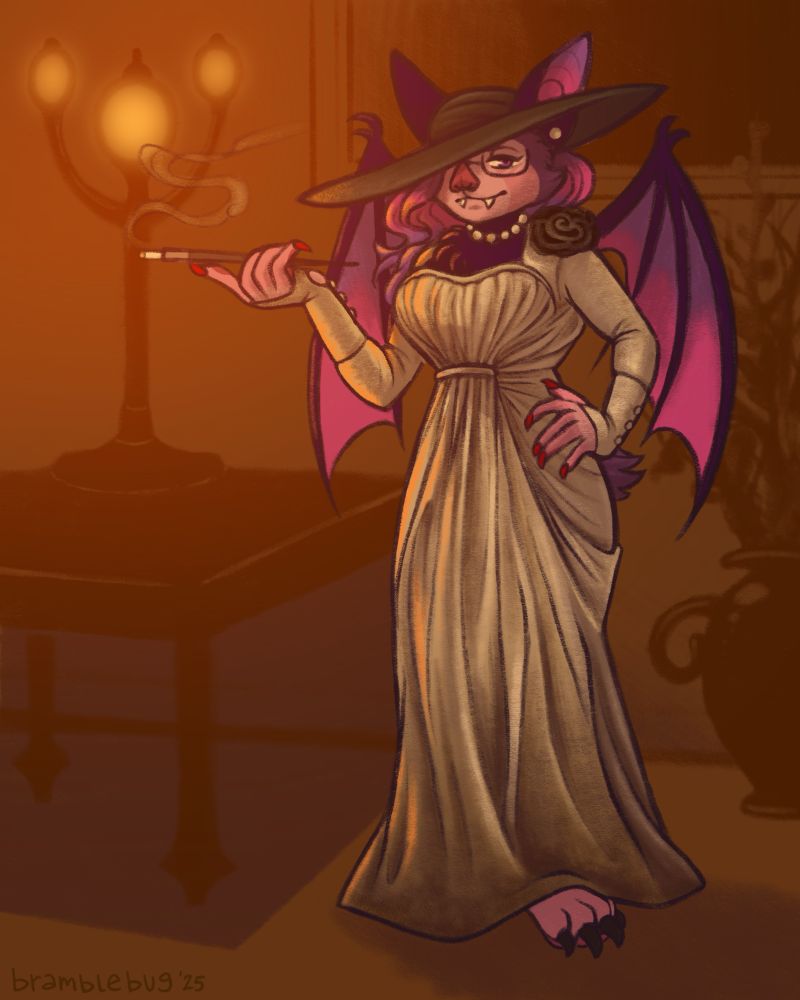 a digital drawing of a purple and pink anthro bat bear dressed as the Resident Evil character Lady Dimitrescu—a long white silk dress, broad-rimmed hat, and holding a cigarette. a lamp on a table illuminates her tall figure. 