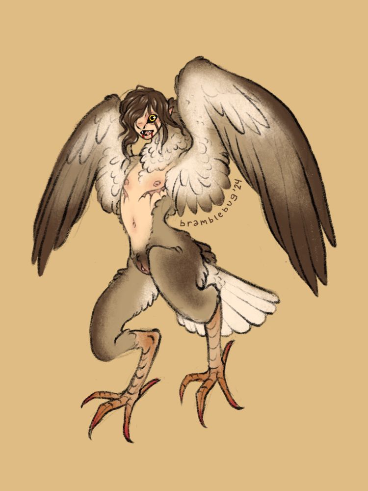 a digital drawing of a nude transmasculine harpy with top surgery scars, yellow eyes, and tawny wings