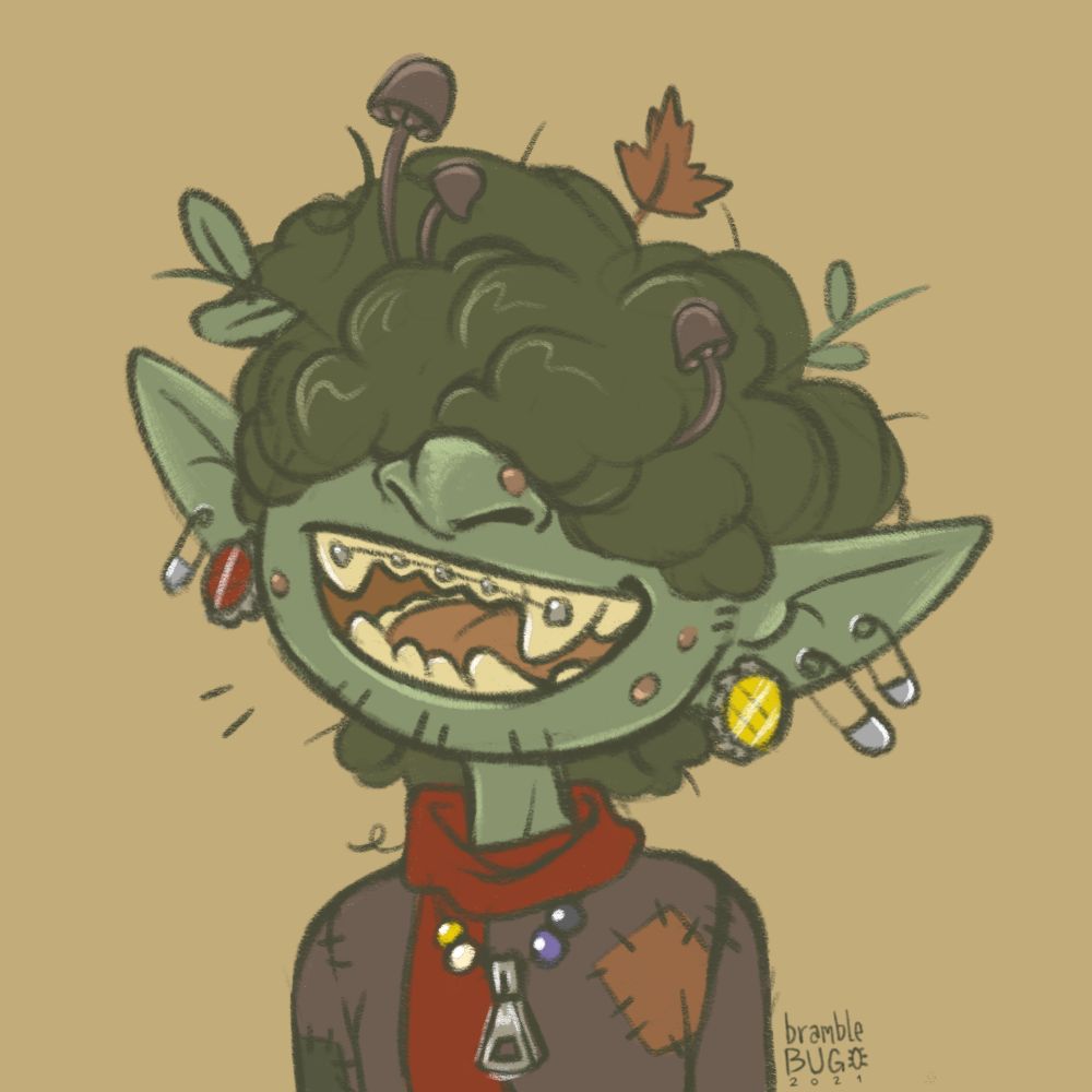 a digital drawing of the same character in the previous post in the thread: a goblin with pointed ears pierced with safety pins and bottle-caps, curly green hair that covers their eyes and homes mushrooms and leaves, big teeth barely contained with braces, patchwork clothes, a red scarf, and a zipper on a necklace that has non-binary pride-colored beads. 