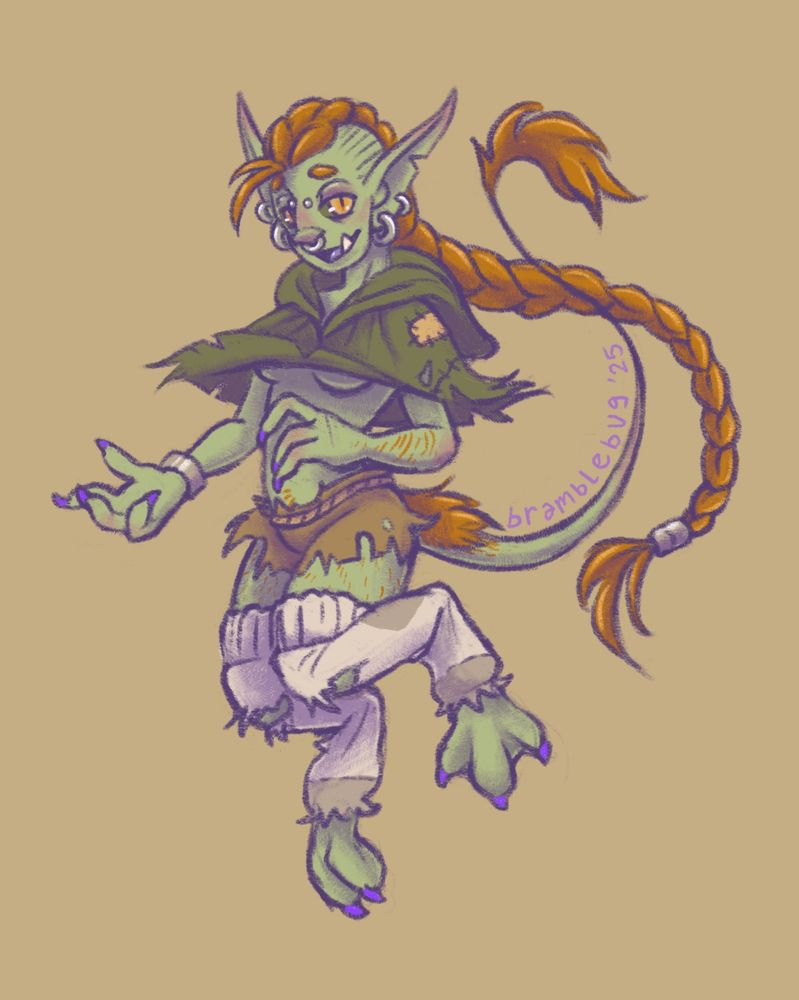 a digital drawing of a goblin with a long orange braid, piercings, tiny shorts, raggedy socks, a long tail, and a patchwork capelet that covers very little… 👀 they gesture invitingly, but seem a bit too mischievous…