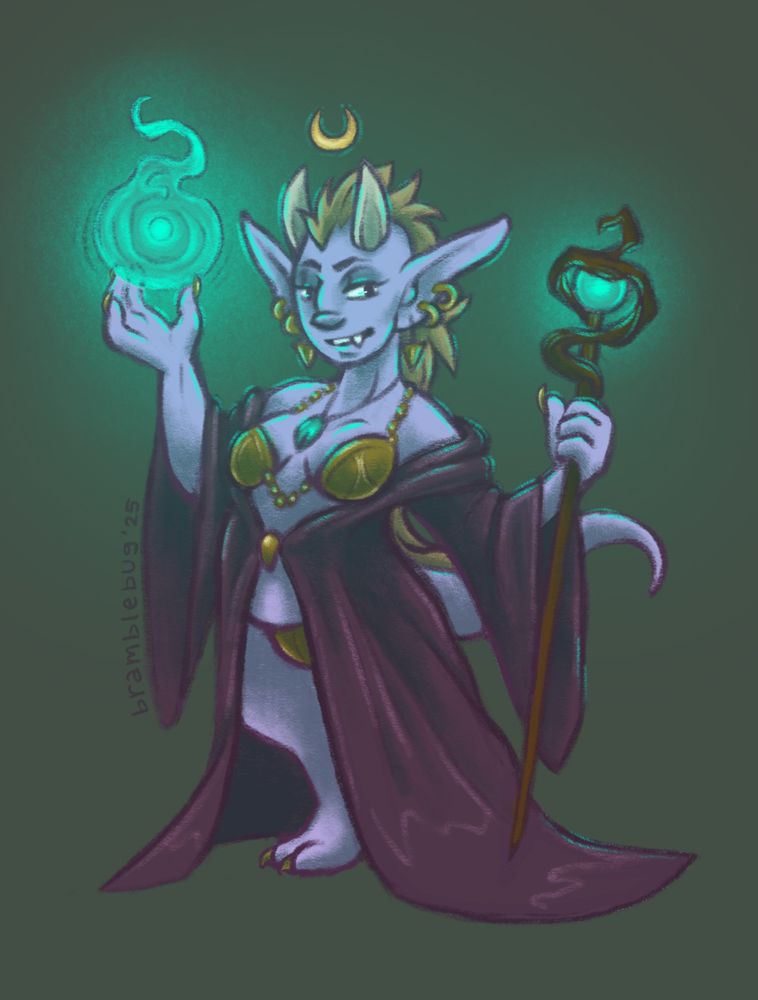 a digital drawing of a goblin priestess in a long purple robe, brass lingerie, and glittering jewelry holding a glowing staff and an orb of mystical power