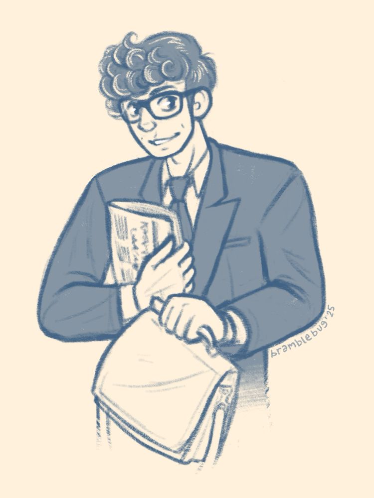 a monochrome digital sketch of Clark Kent wearing a suit, looking sheepish and holding a copy of the Daily Planet in one hand and a leather bag in the other. he has curly hair and broad shoulders. 