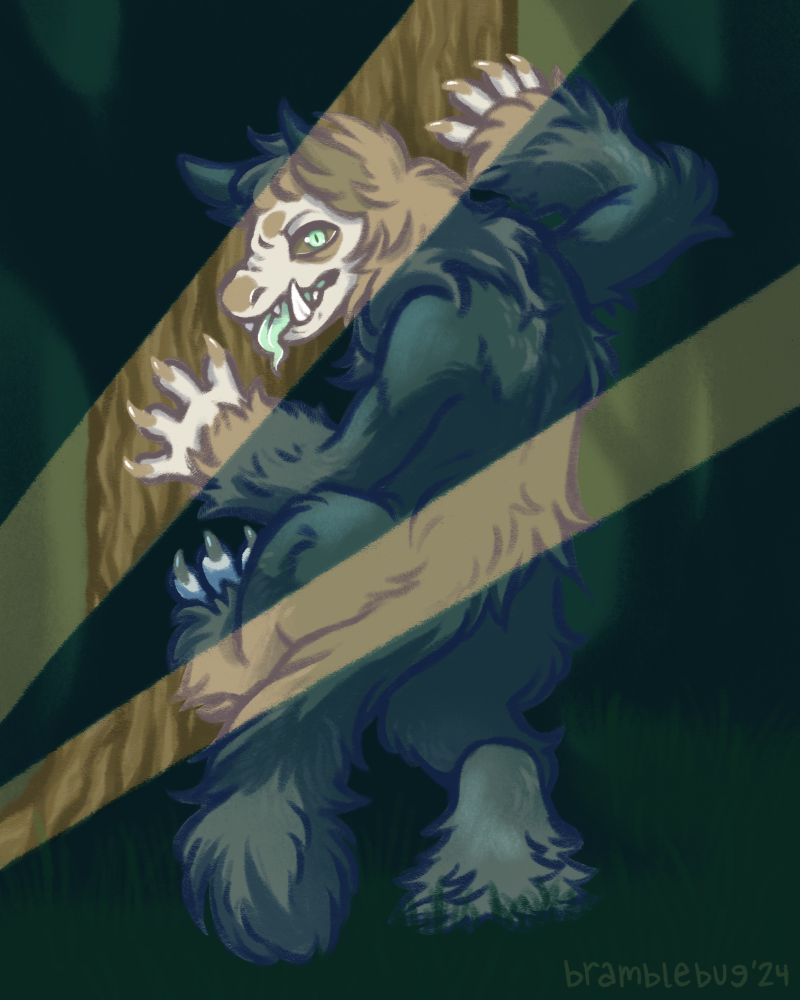 a digital drawing of a furry canine monster lurking in the woods and attempting to climb a tree. it glares and snarls at the viewer as artificial lights pass over it in the darkness, revealing details of the face and claws.