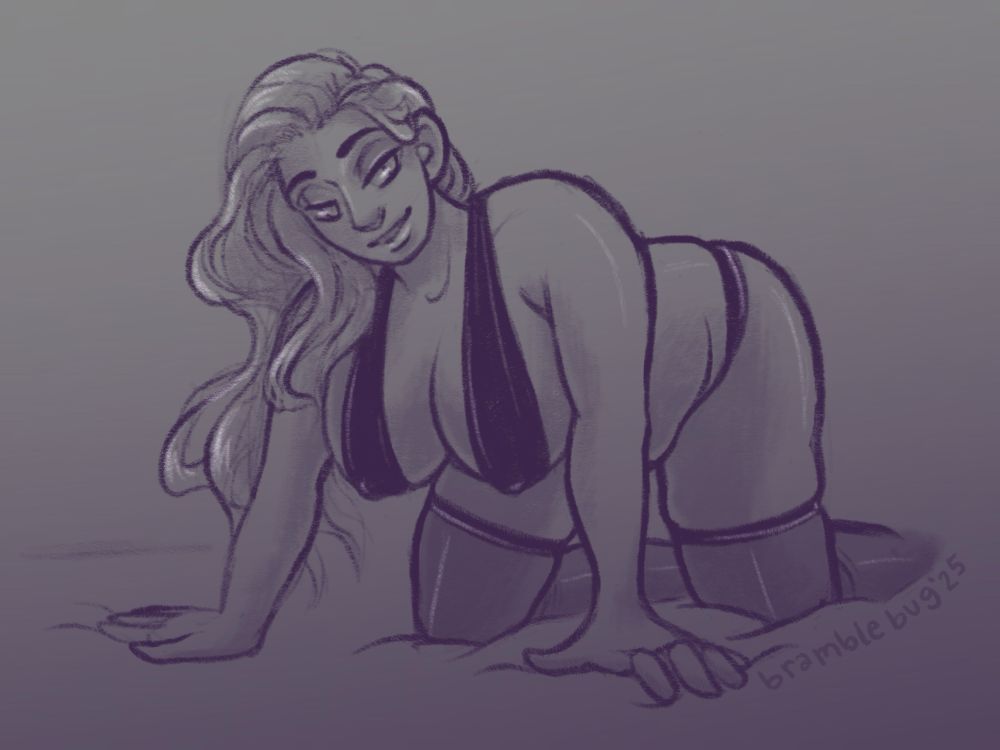 a monochromatic, purple pinup sketch of a curvy woman wearing lingerie on her hands and knees, presumably on a bed. she has long hair that spills over one shoulder and her soft breasts and belly hang between her strong limbs. she has a very warm, suggestive expression, inviting the viewer to come closer, if they wish. the signature in the bottom right reads “bramblebug’25”