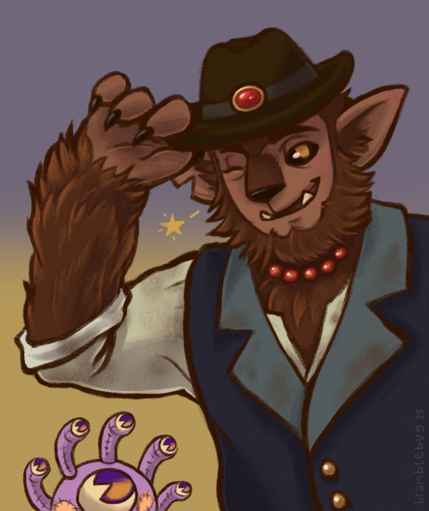 a digital drawing of a fuzzy bugbear man wearing a hat, shirt and vest. a string of red beads sits around his neck and he gives the viewer a cheeky smirk. a small beholder plushie peeks up at the edge of the image, all six of it’s eyes glancing up at the bugbear.