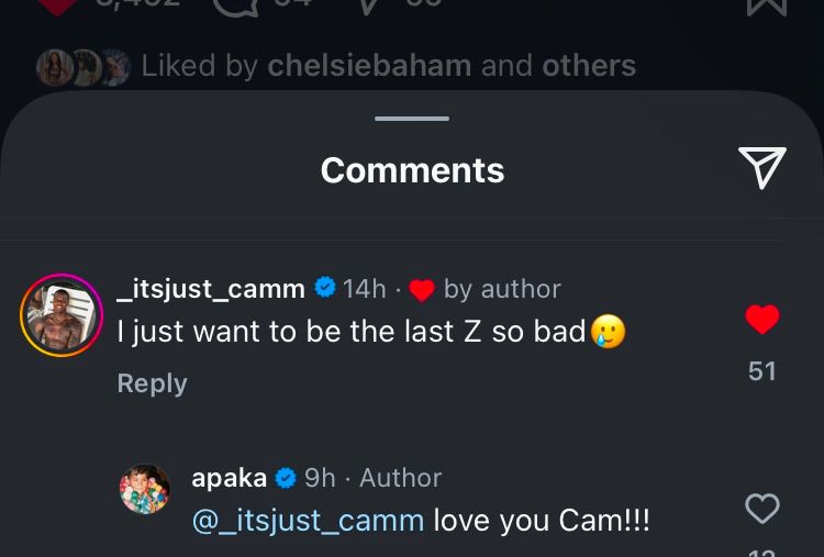 Cam commenting on Kimo’s IG post about wanting to be the last z in Friendzzzz.
