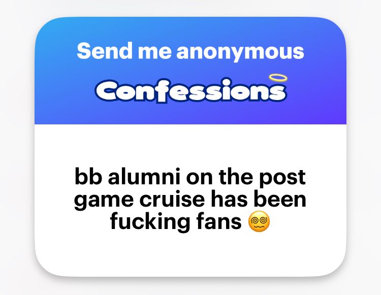 Send me anonymous
Confessions
bb alumni on the post game cruise has been fucking fans