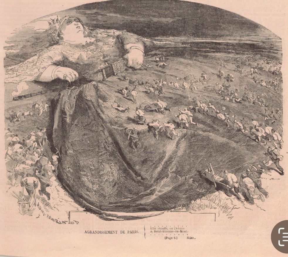 A nineteenth century illustrated newspaper image showing a large woman trying to take her belt off. She represents Paris and has numerous Parisian landmarks on her body. Hundreds of small men with pickaxes run up her dress