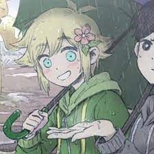 Basil from Omori as a 12yo, who has blue eyes, longish blonde hair with a pink flower in it, and is wearing a green jacket while holding a green umbrella