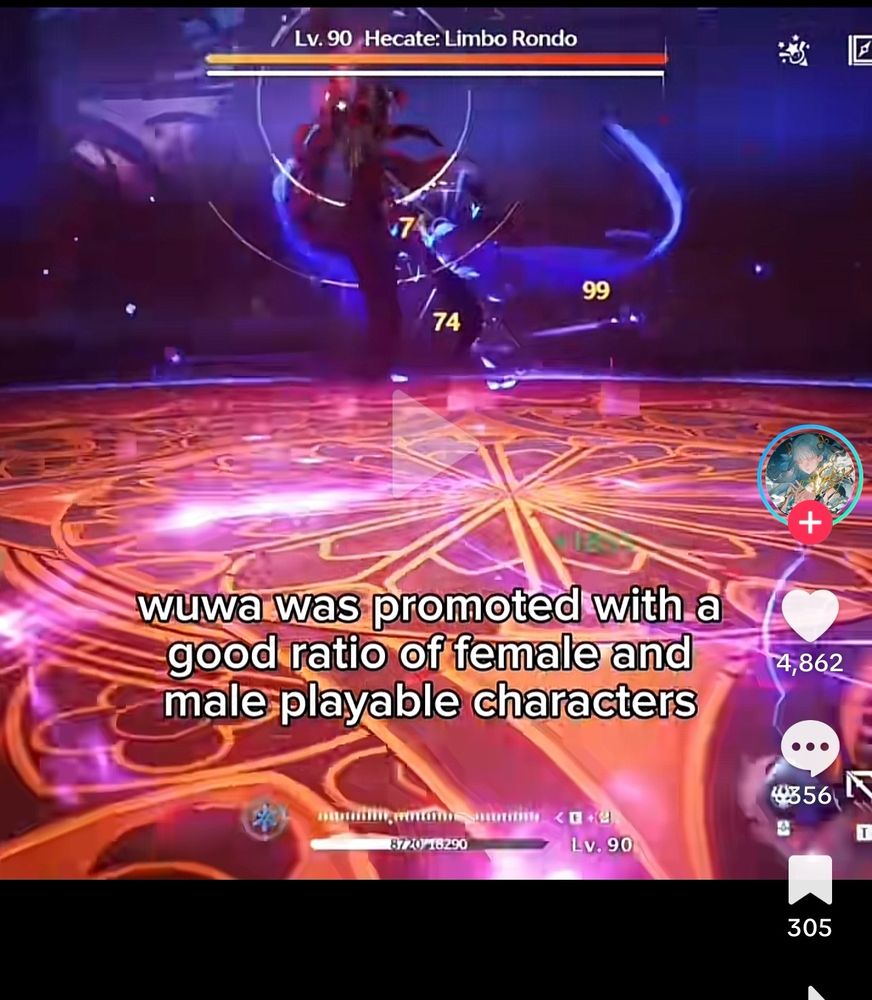Tiktok post reading “wuwa was promoted with a good ratio of female and male characters”