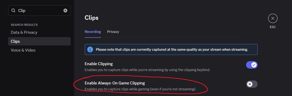 A screenshot of Discord settings, in the clips settings. Circled is the setting of "Enable Always-On Game Clipping."