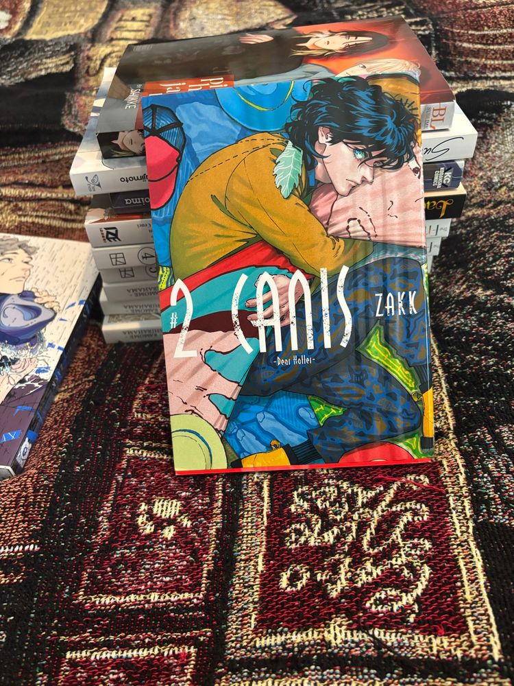A stack of books props up Canis-Dear Hatter- #2 by Zakk featuring Ryou on top of a pile of clothes, one in the distinct pattern of Kutsuna’s face, and different colored hats around him. 