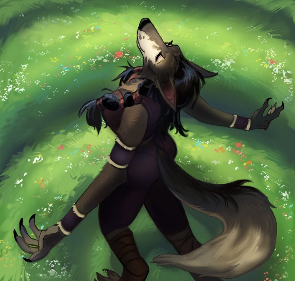 a worgen druid stands basking in sunlight. her expression’s peaceful. the ground below her is verdant and covered in flowers.