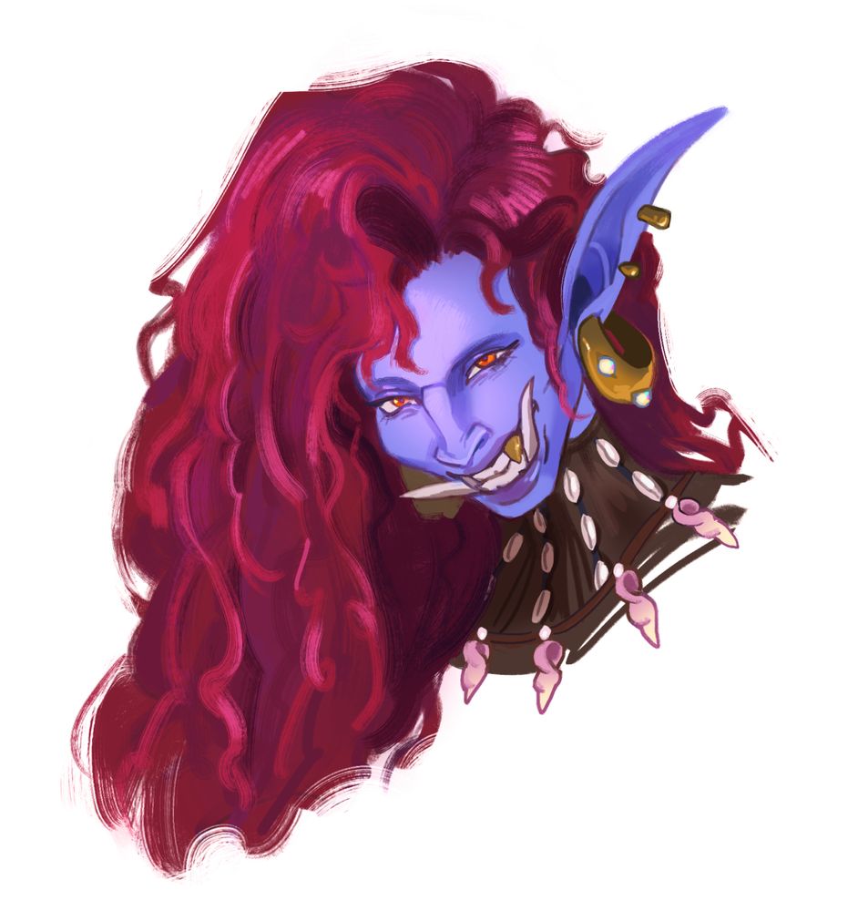 a bust of a troll woman grinning at the viewer, flashing her gold tooth. her hair is red and voluminous