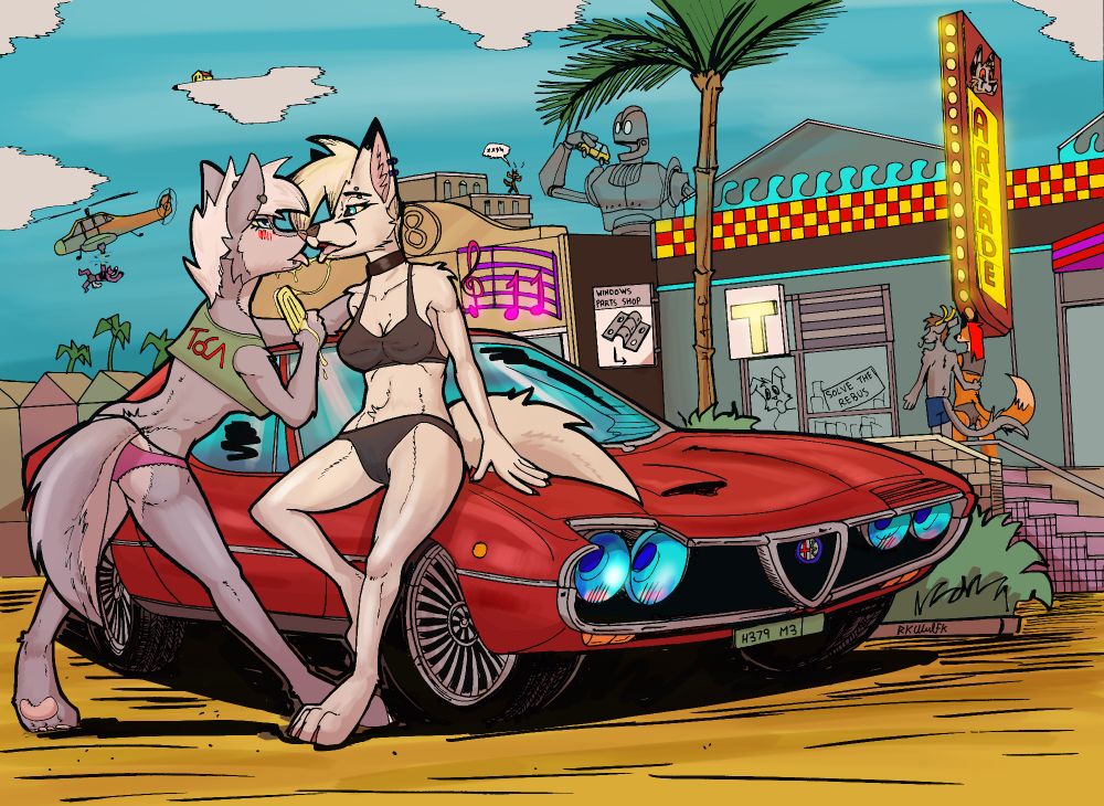 A couple of furry girls, sharing an ice-cream at the beach, with their car