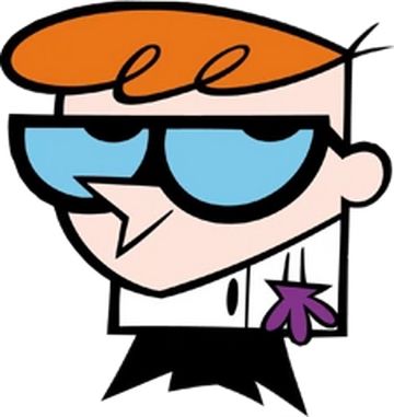 red haired animated character Dexter who wears a white lab coat and purple gloves and black boots and glasses from the cartoon network series Dexter’s Laboratory 