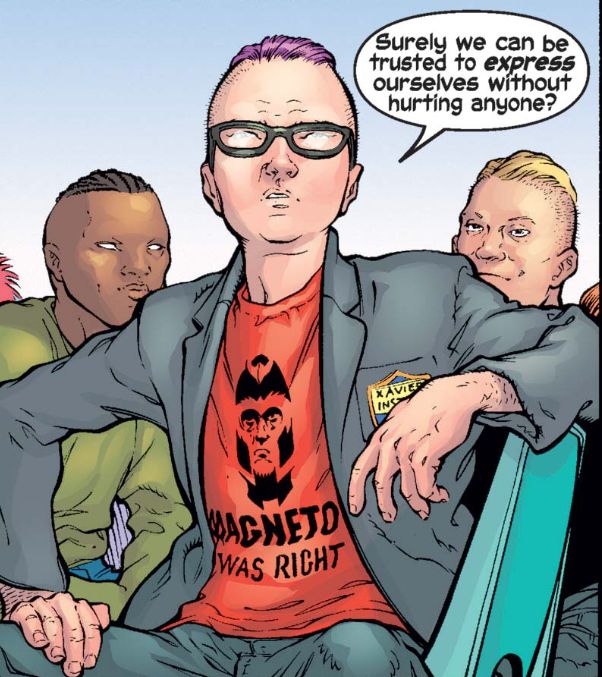 Kid Omega, wearing a t-shirt printed with the words "MAGNETO WAS RIGHT" beneath a Che Guevara inspired image of Magneto, from New X-Men #135.