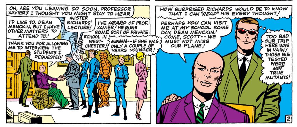 Professor X and Cyclops prepare to leave State University, with Cyclops thinking "Too bad our trip here was in vain! Those we tested were not true mutants!"