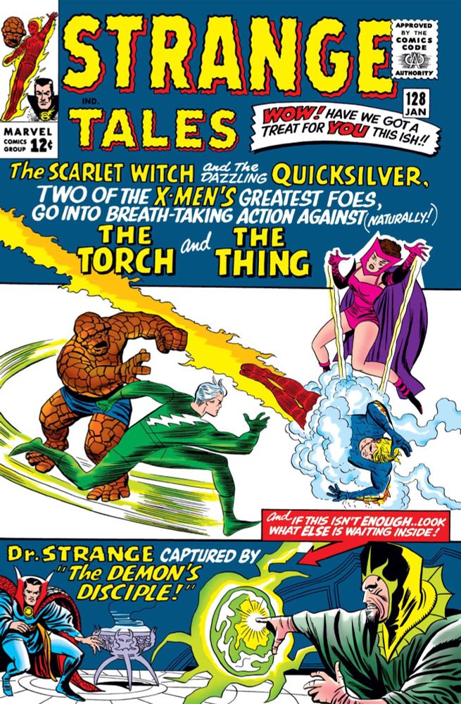 Cover of Strange Tales #128 featuring the Thing and the Human Torch battling Quicksilver and the Scarlet Witch on the top, and the bottom featuring Doctor Strange and the Demon in the issue's second store.