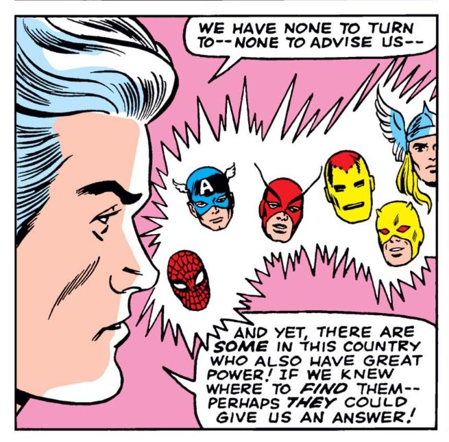 Quicksilver mentions other heroes they could turn to, as images of Spider-Man, Captain America, Giant Man, Iron Man, Daredevil and Thor flash by.