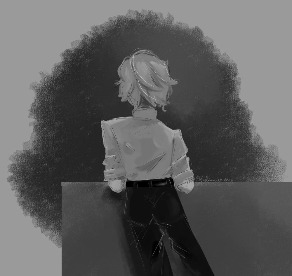 a greyscale painting of sanji from one piece, his back to the camera as he stands at a countertop.
