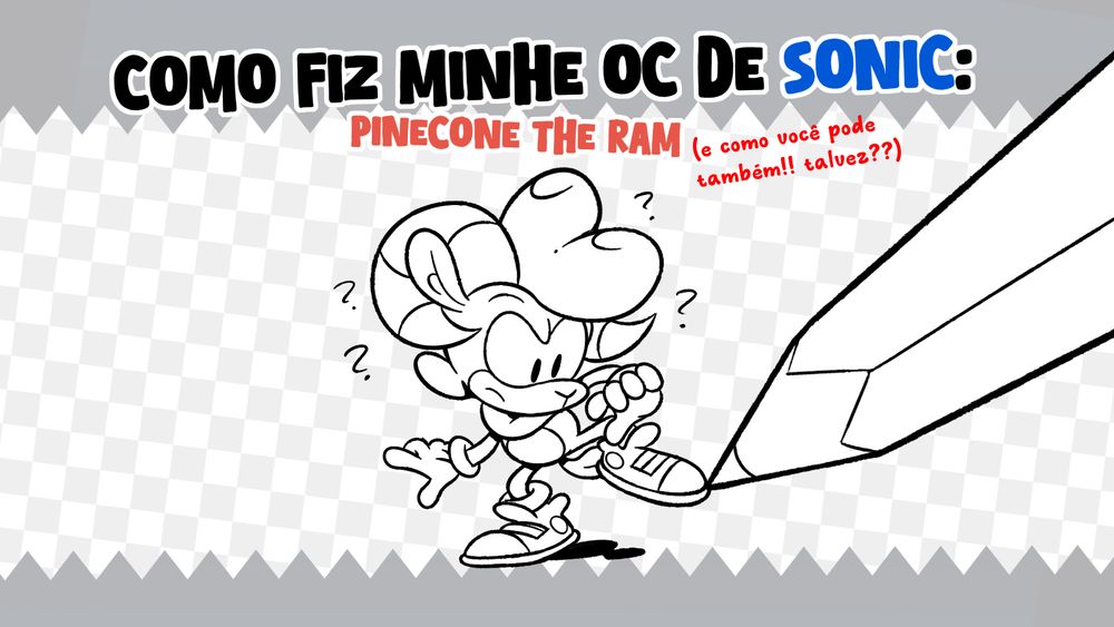 TÍTULO: Como fiz minhe OC de Sonic: Pinecone the Ram. (E como você pode também!! Talvez??) IMAGEM: Pinecone em preto e branco, sendo desenhade por um lápis, olhando confuse para o mesmo.