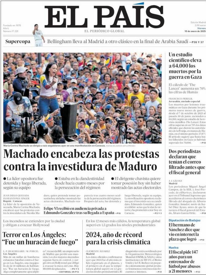 Une du journal El Pais avec photo pleine page d'une manifestation contre l'investiture de Maduro