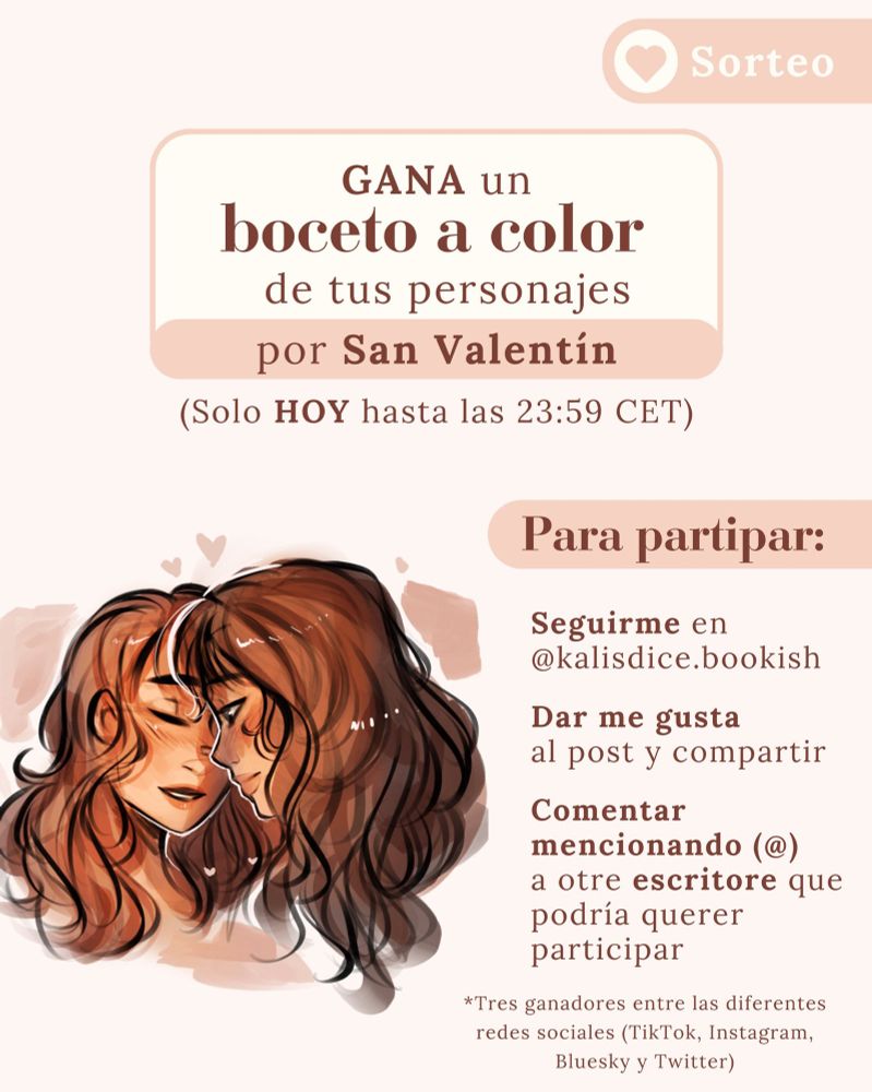 Misma información que en el tweet pero en formato poster con colores crema y marrones, además, hay un boceto de referencia de dos chicas de pelo largo apunto de besarse