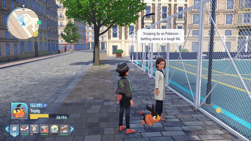 An NPC in Pokemon Legends: Z-A saying: “Scraping by on Pokemon battling alone is a tough life.”