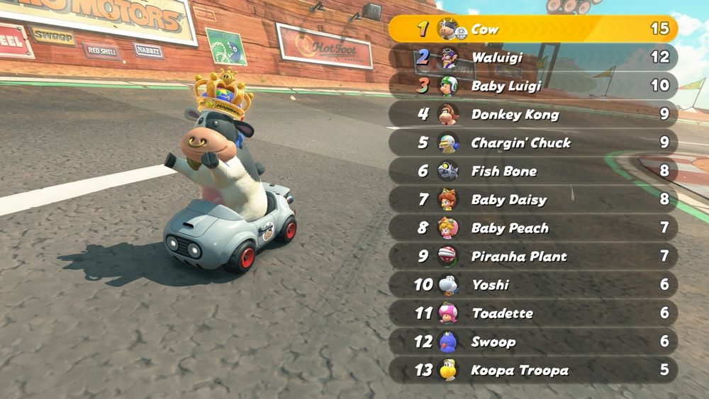 Cow from Mario Kart World wearing a crown after a first place finish