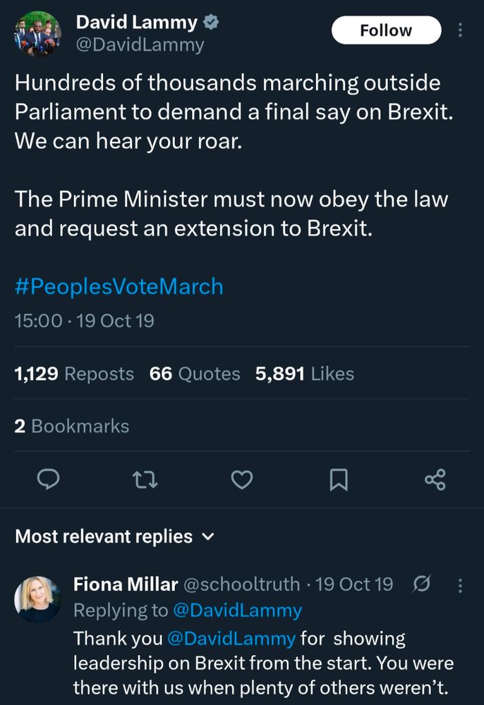 Screenshot of David Lammy's tweet on 19/10/2019, supporting the Peoples Vote marchers, who he could hear outside Westminster as he was in the Chamber 