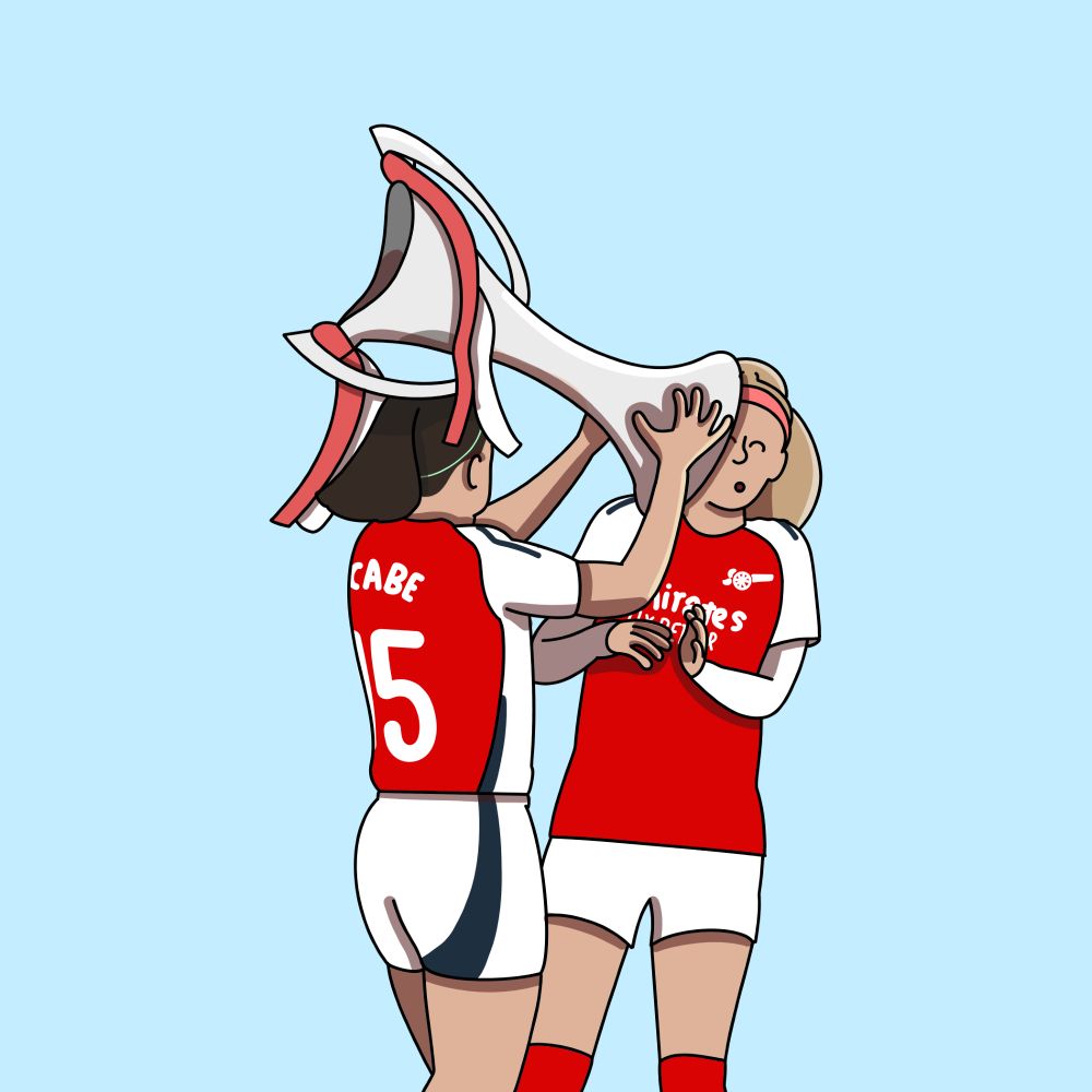 Katie McCabe throws the champions league trophy at Chloe Kelly poorly drawn 